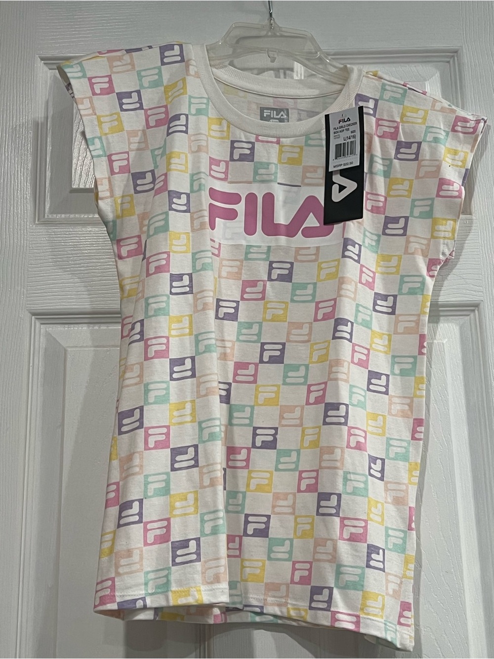 FILA White Tee with Pastel Multi-Logo Print